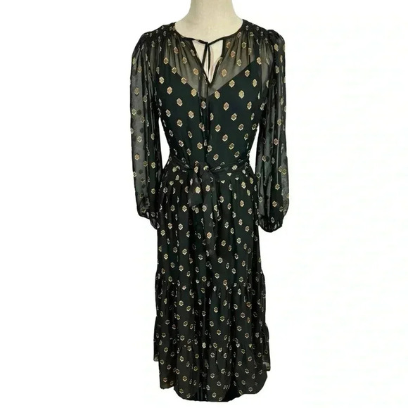 Shoshanna Benson Tiered Long Sleeve Sheer Metallic Chiffon Midi Dress Jet/Bronze - Picture 8 of 12